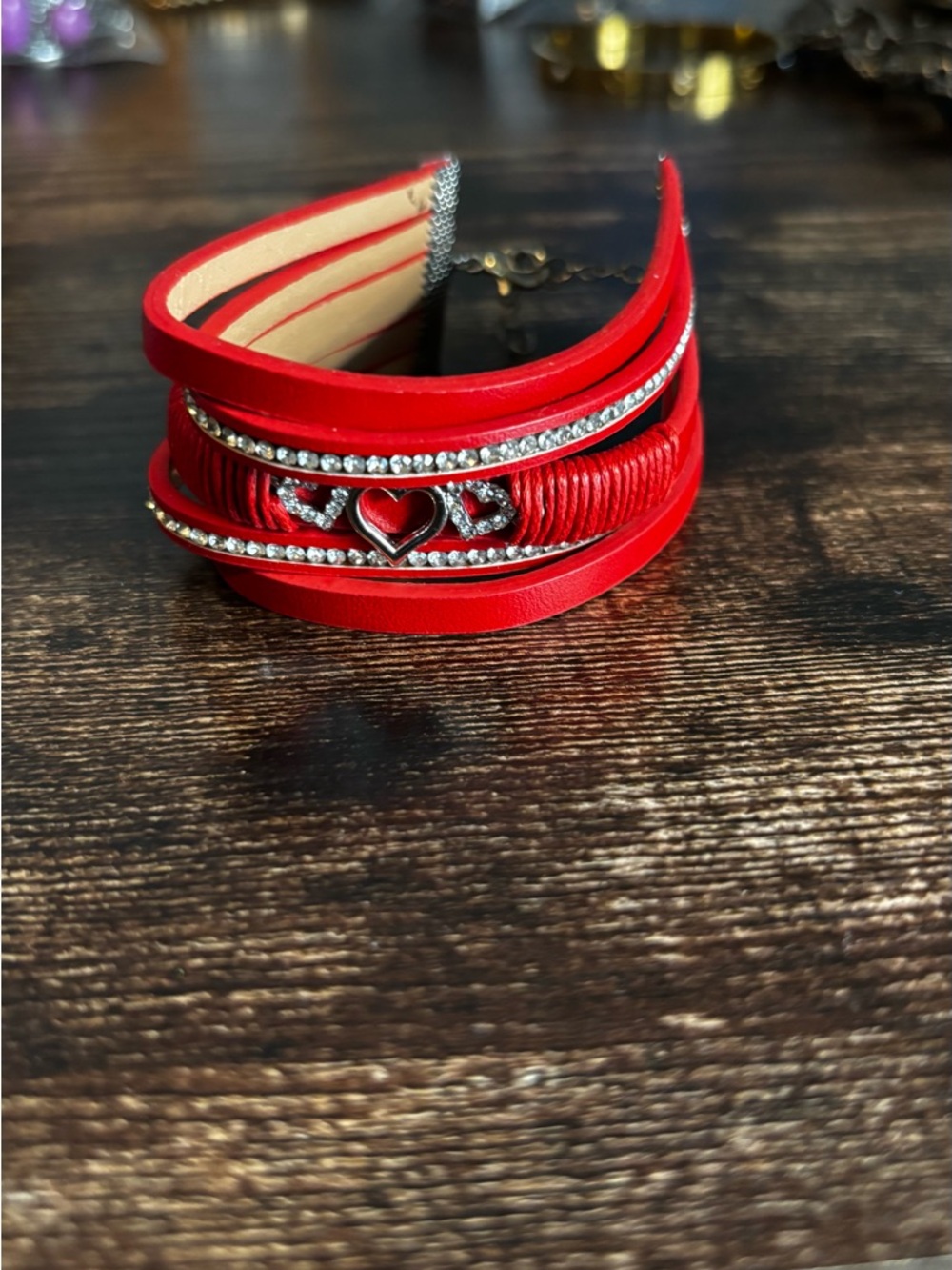 Red Multi-Layer Heart & Rhinestone Wrap Bracelet - Picture 5 of 5